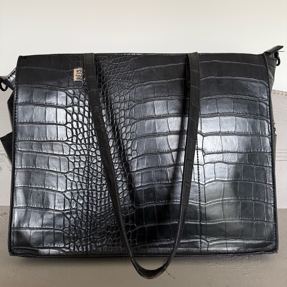 Beis Black Croc Large Work Tote Travel Bag Laptop Purse Faux Vegan Leather